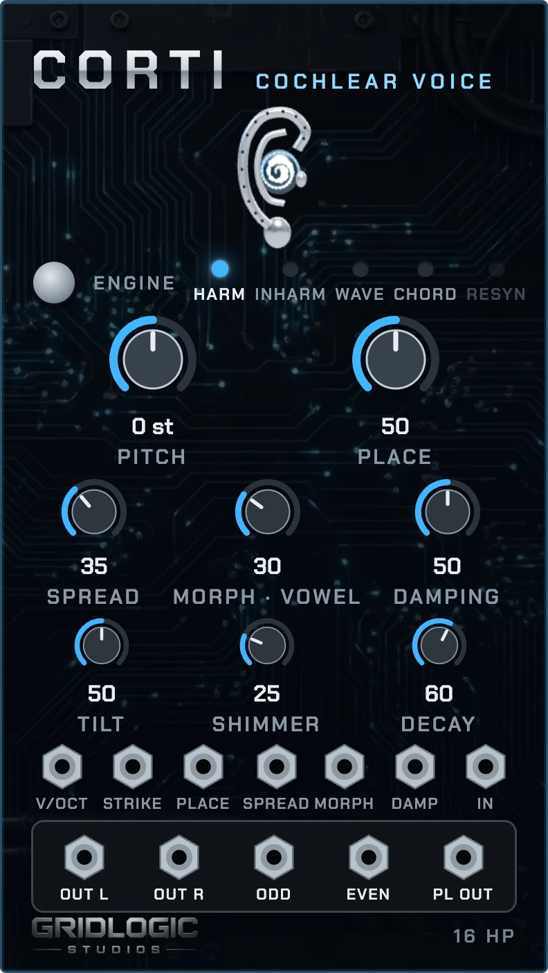 The Corti module: a 16 HP Eurorack panel with a steel ear, engine lights, eight knobs and twelve jacks
