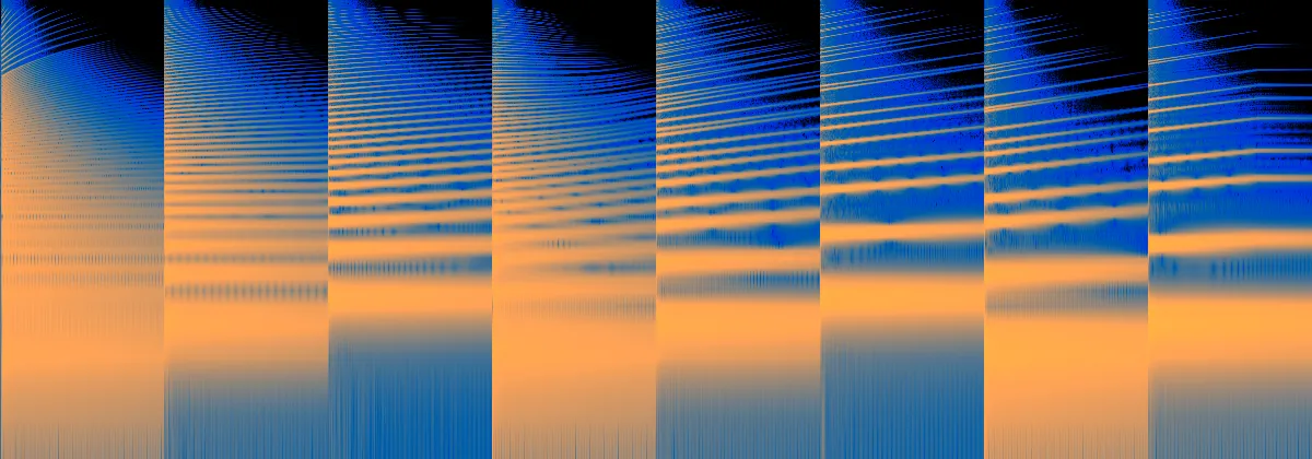Spectrogram of struck notes whose partials spread further apart as Morph moves from string to plate